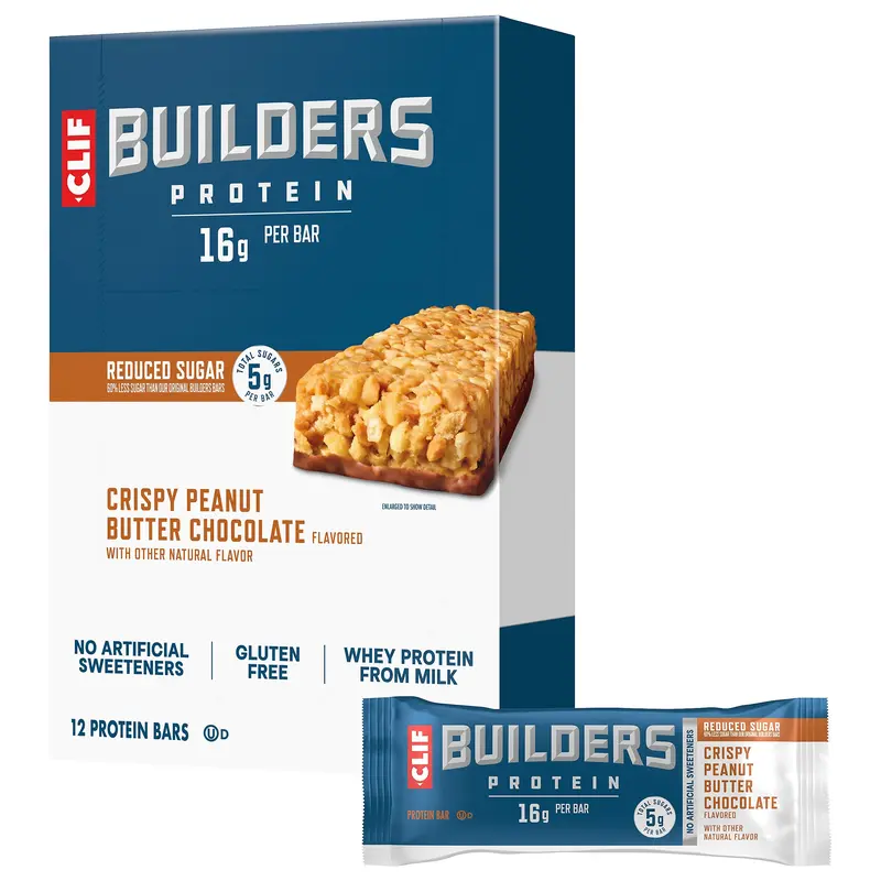 CLIF BUILDERS Protein Bars - Crispy Peanut Butter Chocolate Flavored - Reduced Sugar - Gluten Free (12 Pack)