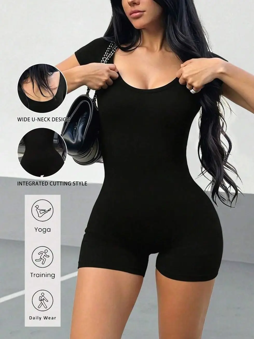 AiTyi Women's Jumpsuit Summer U-Neck Black Daily Casual Slim Sports Versatile,Business,Basic,Yoga,Y2k,Ins, Going Out,Homecoming, Fall/Winter,Halloween