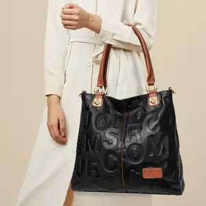 Luxury Black Top-Grain Leather Handbag with 3D Logo Embossing – Classic & Chic