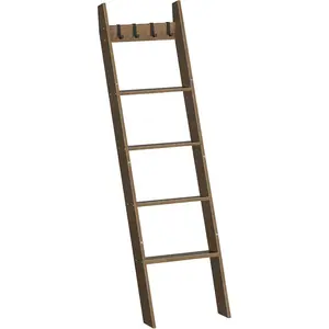 Blanket Ladder for Living Room and Bedroom, 5-Tier Wall Leaning Towel Rack for Bathroom, Decorative Ladder Shelf with 4 Removable Hooks, Farmhouse Blanket Storage, Mocha MA51CJ01G1
