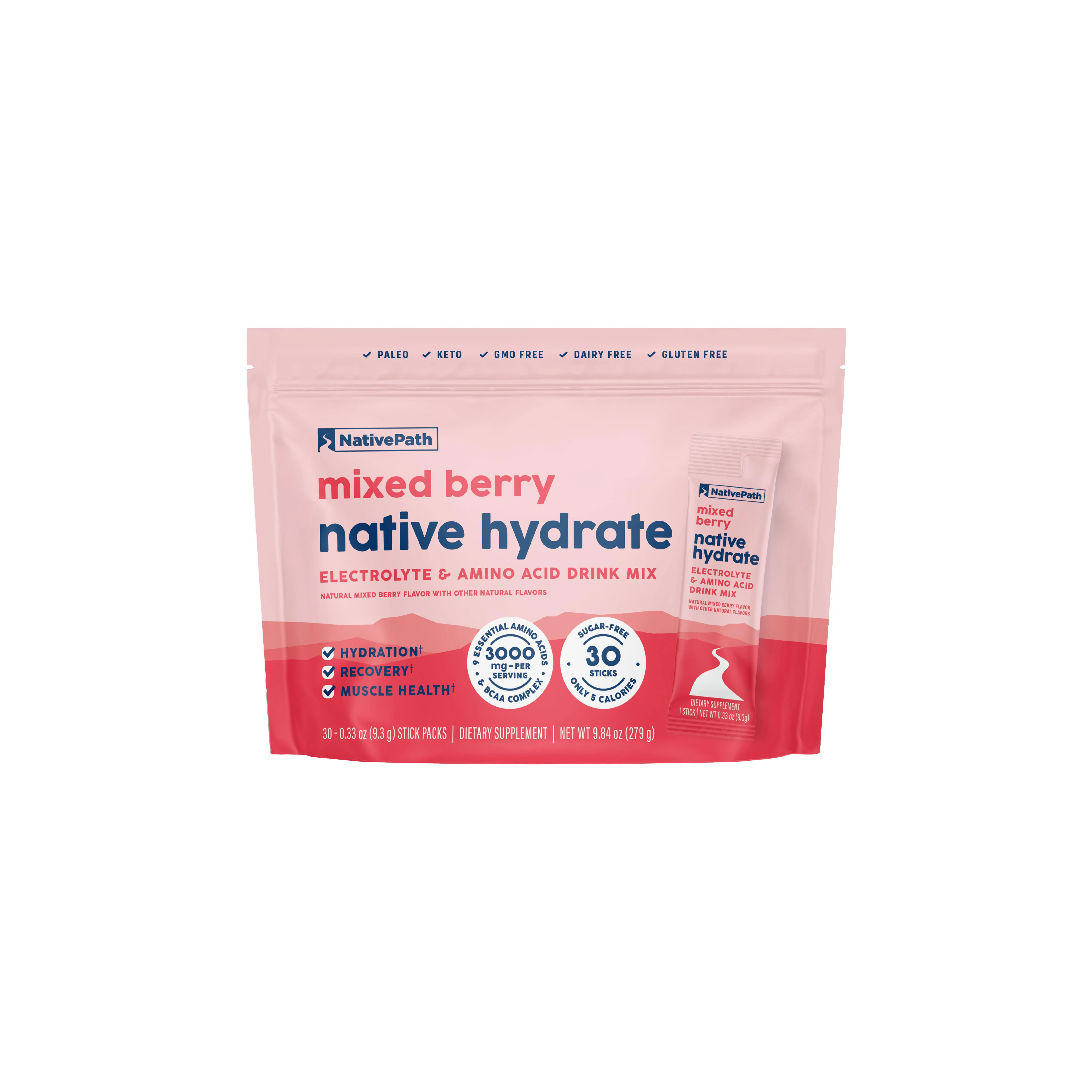 NativePath Hydrate Electrolyte Stick Packs – Zero Sugar Drink Mix with 2,000mg BCAAs, 14 Vitamins & Minerals – Mixed Berry Keto Hydration, 30 Single-Serve Packets