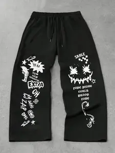"Black Y2K grotesque graffiti style oversized wide-leg sweatpants - avant-garde vintage street style pants | drawstring waistband | comfortable loose fit | ideal for Gen Z fans, casual outings, and streetwear | high-quality vibrant prints | #FYP"