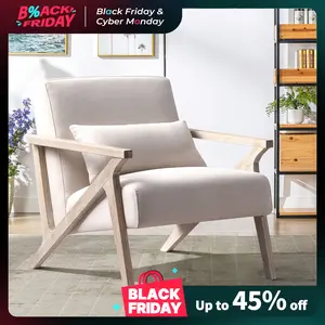 [TikTokShopBlackFriday]EBELLO Mid Century Modern Chair with Wood Frame, Upholstered Armchair with Waist Cushion, Accent Chair for Living Room Bedroom Apartment, Easy Assembly, Beige