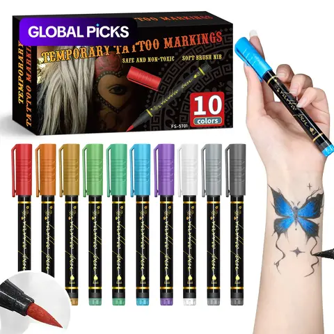 Temporary Tattoo Marker Pen Set, 10-Piece Face Body Paint Markers for DIY Body Art, Body Painting and Drawing #GLOBAL PICKS