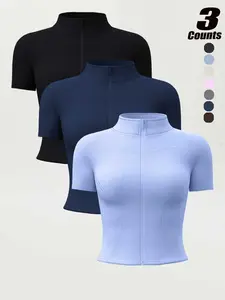 Women's Spring Summer Zipper Short Sleeve Jacket, High Stretch Quick Dry Yoga Top, Stand Collar Running Sports Outerwear