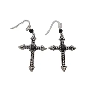 Women Religious Fashion Hook Earrings Set Silver Metal Pointy Christian Cross Black
