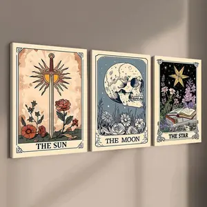 3-Piece Wooden Frame Canvas Tarot Sun Moon Star Theme Triptych Wall Art, Fashion Home Decor, Waterproof Art Poster, Astrology Print, Sun Moon Print