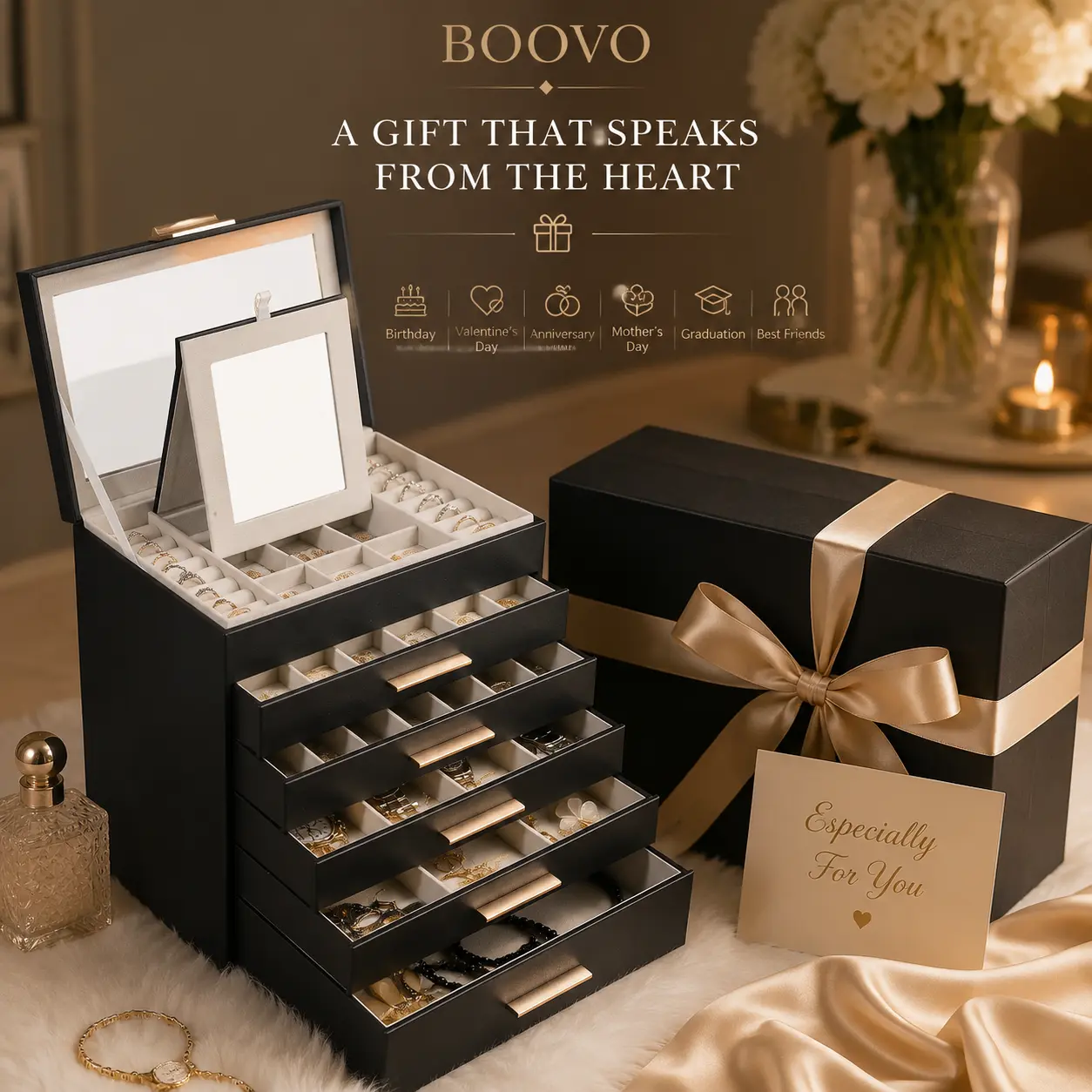 BOOVO（Black）6 Layer Large Jewelry Box in Black, Durable Jewelry Holder Organizer for Necklaces, Bracelets, Earrings & Rings, Stylish Storage Box for Daily Use, Ideal Present for Women, Girls and Jewelry Lovers