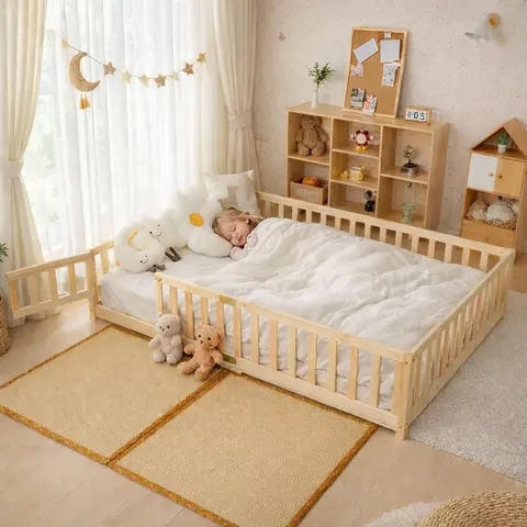 Naudacaa White-Twin Full Size Natural Modern Montessori Bed for Toddlers (3–4 Years), Solid Wood Kids Bedroom Furniture Low Floor Frame (80"l x 42"w x 17.5"h) with Safety Guard Rails, Door & Fence (CPC Certified)