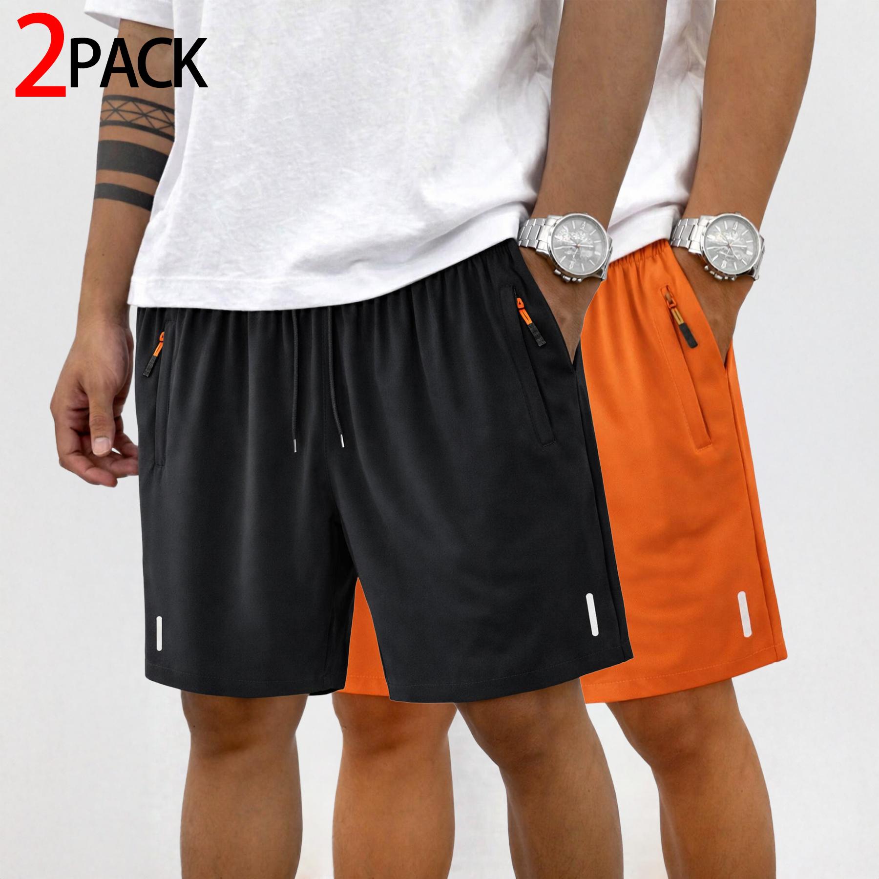 Men’s athletic shorts — running, fitness, casual, comfortable fit; elastic waistband with drawstring, zippered pockets, reflective details; suitable for training, walking, home wear, everyday use; two-pack.