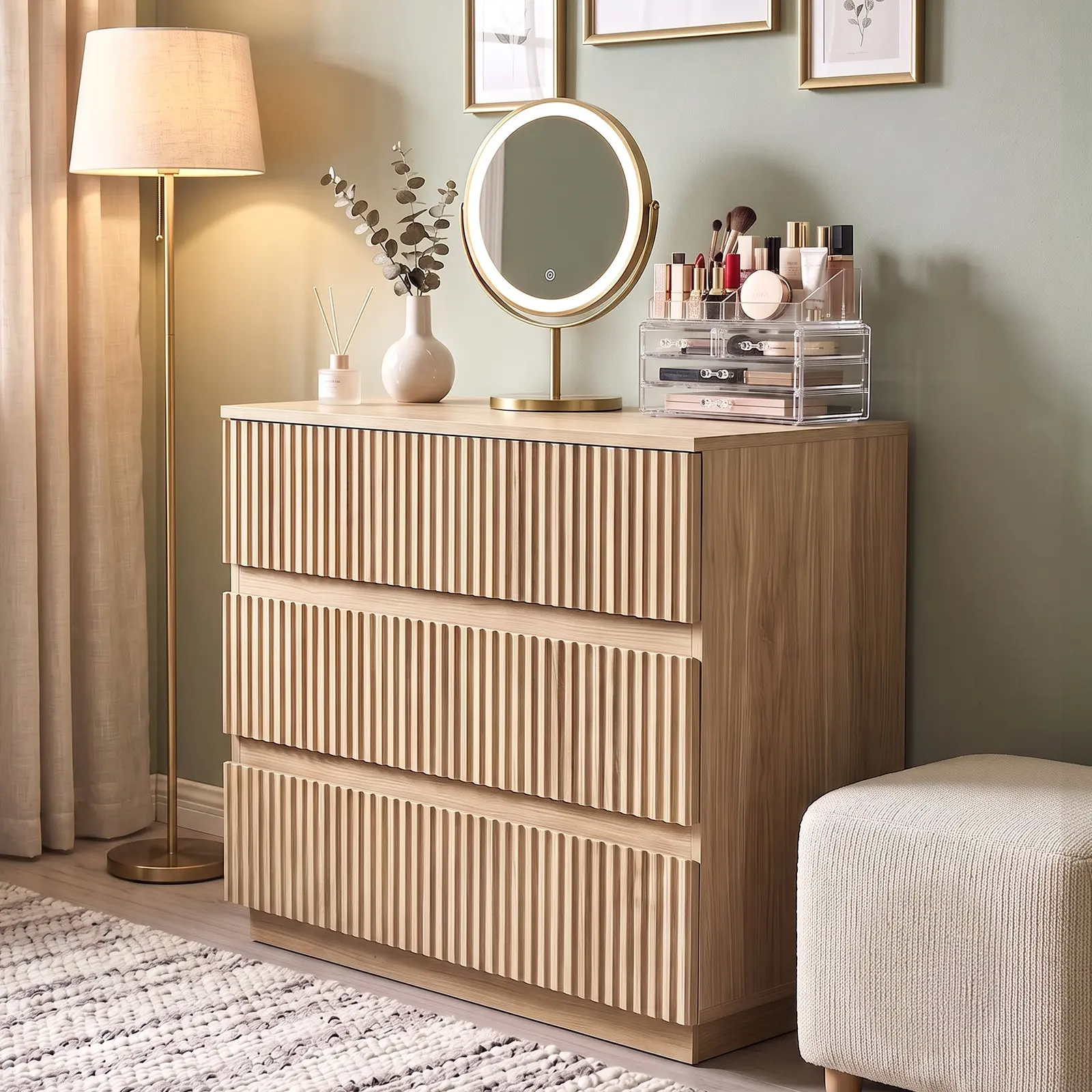 Art Deco Handleless Grille-Design 3-Drawer Oak Finish Engineered Wood Nightstand, Bedroom Bedside Table with Smooth Metal Slides, 60x33x56cm, for Living Room, Smooth Slides