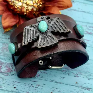 Western Style Leather Cuff Bracelet with Faux Turquoise Eagle Concho, Adjustable Fit, Dark Brown Leather, Unique Design