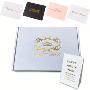 A 200-page/100-sheet guestbook in a gold-plated gift box with a small stand, suitable for weddings, parties, and special occasions. It features gold-stamped lettering and blank pages for guests to sign. Measuring 9.6 x 7.2 inches, it is an ideal bridal gi