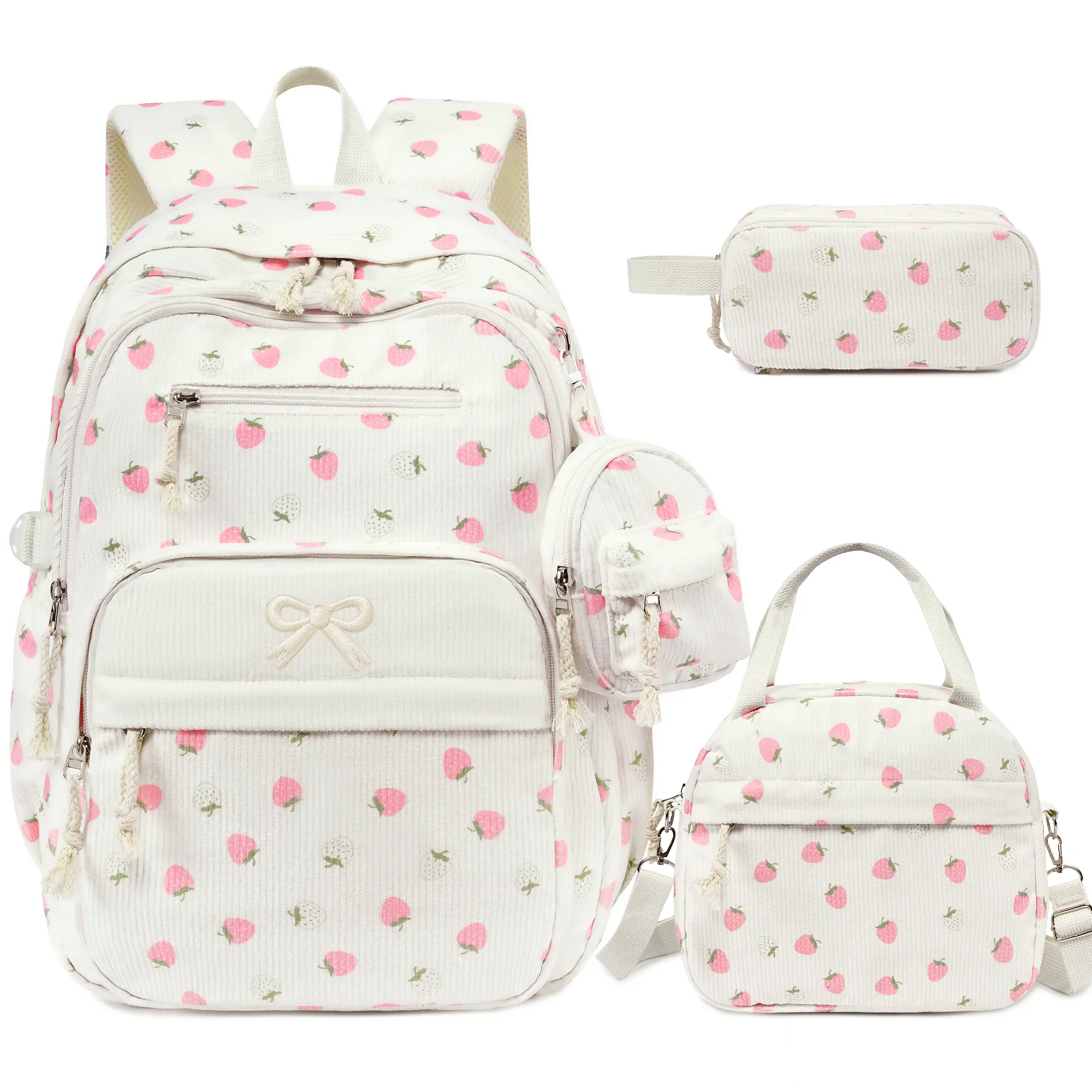 Similove 3PCS Bow Corduroy Multi-Function Backpack Bundle Set - Adjustable Shoulder Strap, Zip School Backpacks, Lunch Box, Pencil Pouch, USB Port, A1 Pink Beige Bow, Back to School Gift for Elementary Students