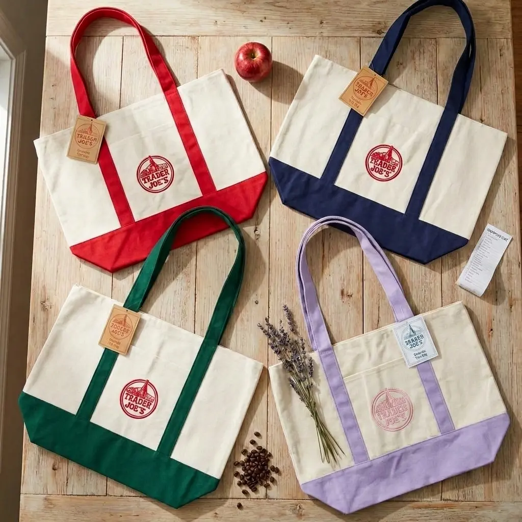 Trader Joe Extra Large Women's Floral Tote Bag Extra Large Oversized Canvas Tote Bag, Heavy Duty Reusable Grocery Shopping Bag with Embroidered Logo, Multi Color Strap & Bottom Cotton Shoulder Bag for Work Travel Beach