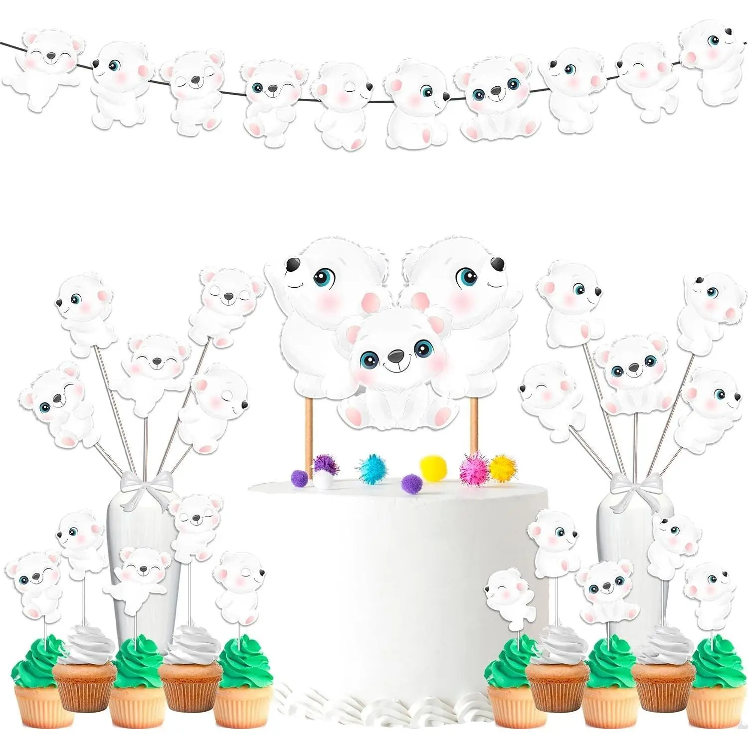 Polar Bear Baby Shower & Birthday Party Decor Set - Charming Cake Topper, Cupcake Toppers, Centerpieces & Banner