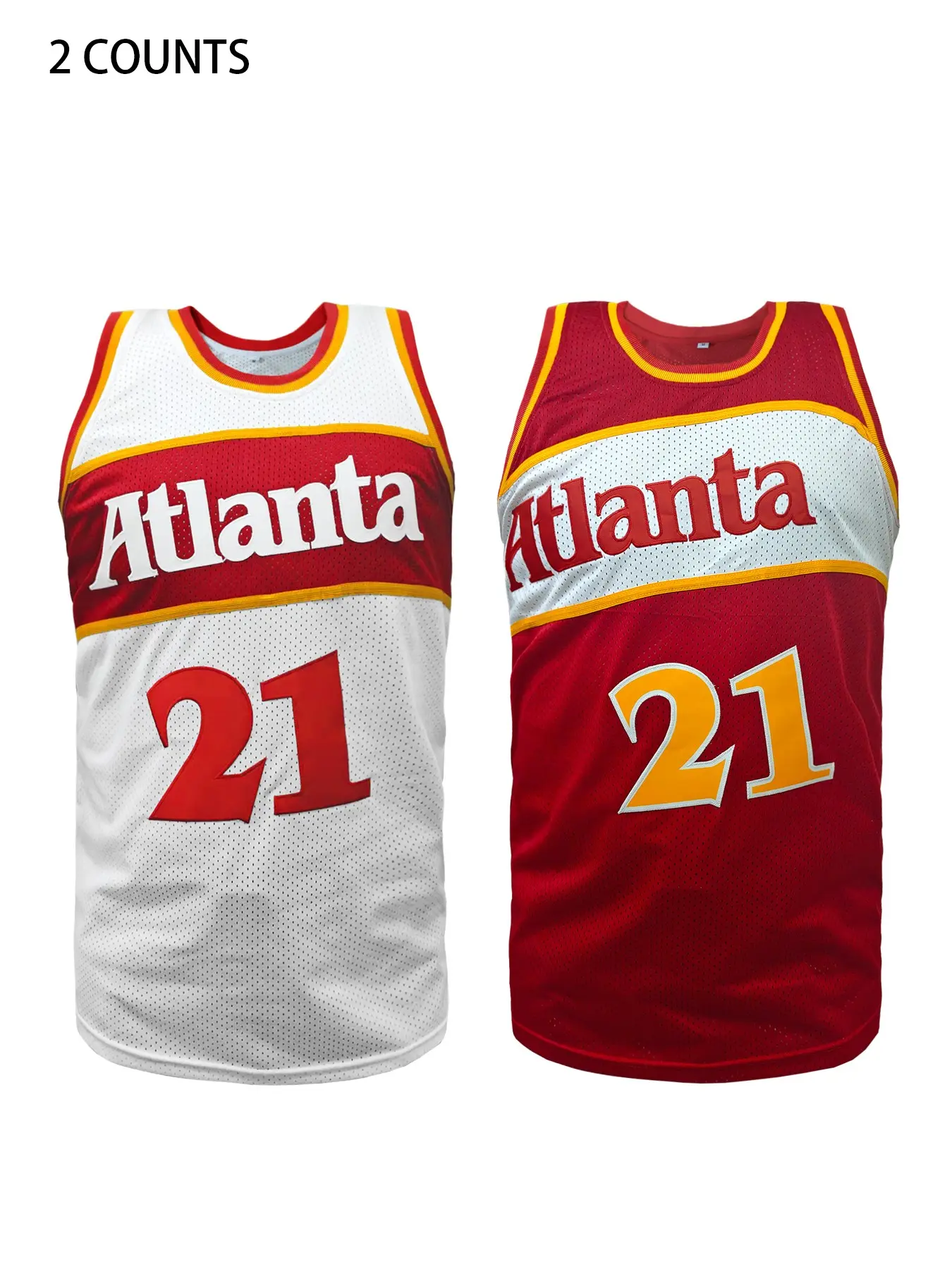 Men's Atlanta #21 Retro White & Red Basketball Jersey, Crew Neck Embroidered Pullover, Comfortable Tank Tops Athletic Top Breathable Vest, Casual Sporty Top, for Outdoor Sports & Game, Daily Casual Loose Fit, Unisex All Season Wear