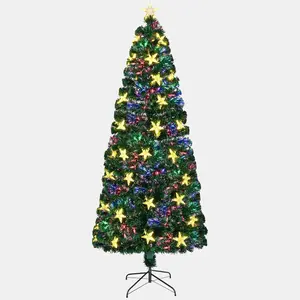 6/7FT Pre-lit Christmas Tree with Large Stars, Artificial Xmas Tree Spruce Tree Green Tree with Metal Stand,Full Tree for Children Adult Holiday Decoration