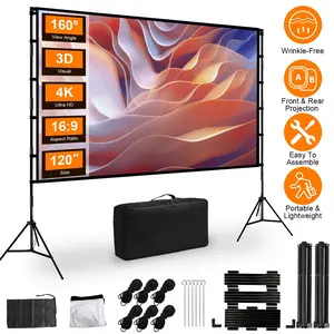 100-120" Portable Projector Screen with Stand, Foldable & Anti-Crease, HD 4K Movie Screen for Outdoor/Indoor Use, Home Theater, Parties & Business Presentations - Includes Carry Bag