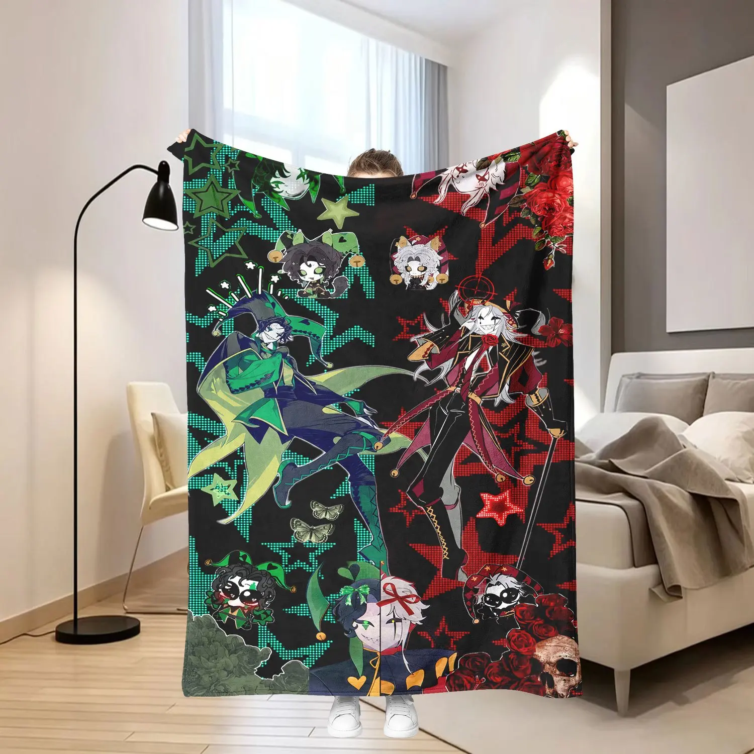 1pc Red And Green Dual-Tone The Freak Circus Clown Pierrot And Harlequin Dual Element Illustration Flannel Blanket, Bedroom Living Room Sofa Decor Blanket, Warm Nap Cover, Office Air Conditioning Blanket, Travel Portable Leg Cover