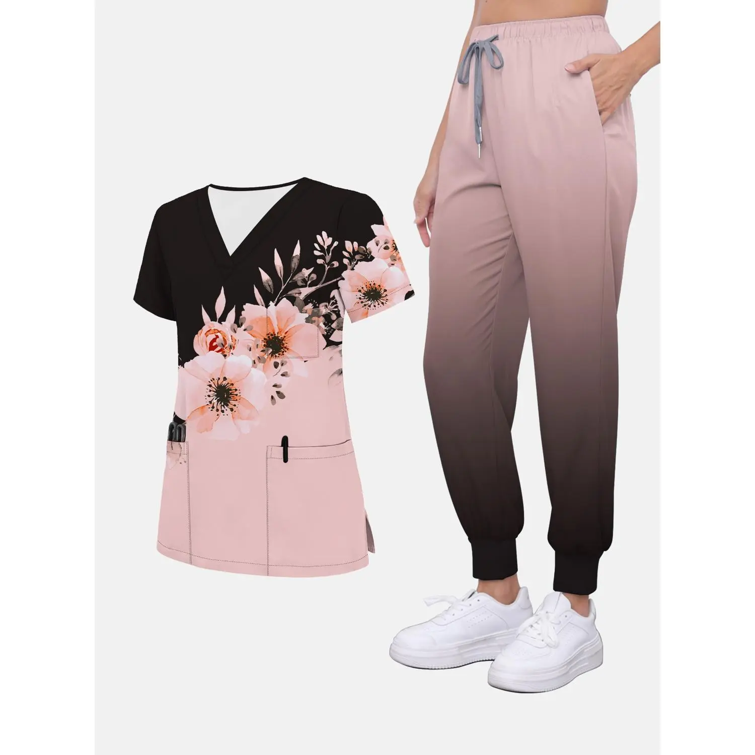 2-Piece Women's V-Neck Frosted Breathable Pocketed Uniform Set with Ankle-Tie Pants