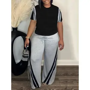 Plus Size Striped Print Two-Piece Set, Round Short Sleeve Top and Pants Outfit, Women's Plus Size Clothing
