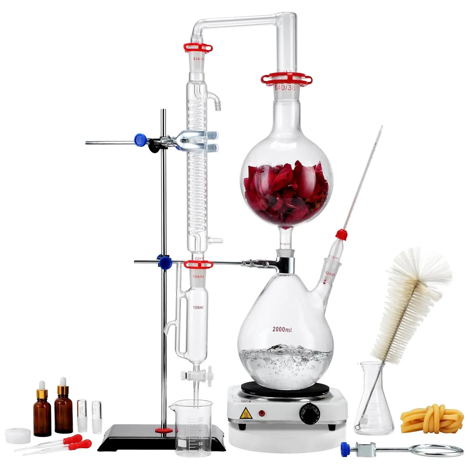 VEVOR Advanced Laboratory Distillation Kit, 2L 3.3 Borosilicate Lab-Quality Glass Set, 1000W Heater, 24/40 Joint Connections, 28-Piece Hand Tool for Healthcare Applications