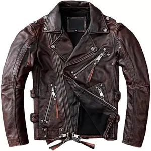 Men's Streetwear Natural Cow Leather Distress Biker Jacket Slim Fit Coat Casual Collar