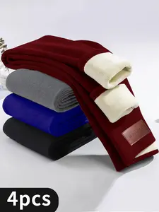 4-piece women's thermal pants, warm, comfortable plush, casual fashion leather label, winter sports leggings