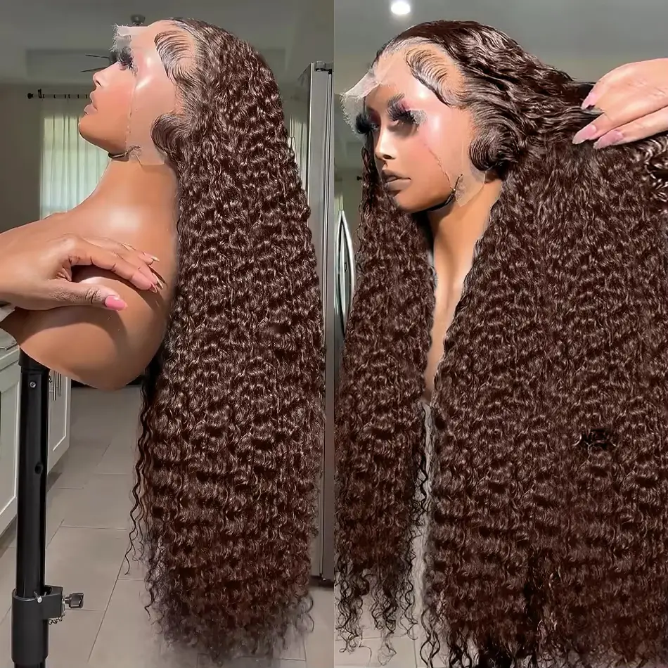 [New In] Bling Hair 13x4 13x6 Hd Chocolate Brown 180 Denisty Deep Wave Lace Front Human Hair Wig Pre Plucked #4 Colored Wig For Women Baby Hair Around