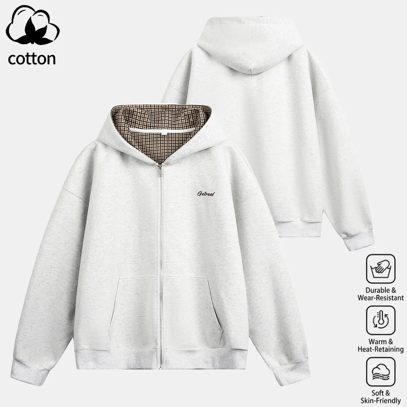 Men's 380G Heavyweight Cotton Blend Composite Air Layer Full-Zip Hoodie, Oversized Loose-Fit Streetwear Tops with Houndstooth Plaid Lining, Chest Contrast Letter Embroidery, Kangaroo Pocket, Fashion Apparel for Spring Fall, Machine Washable, Short