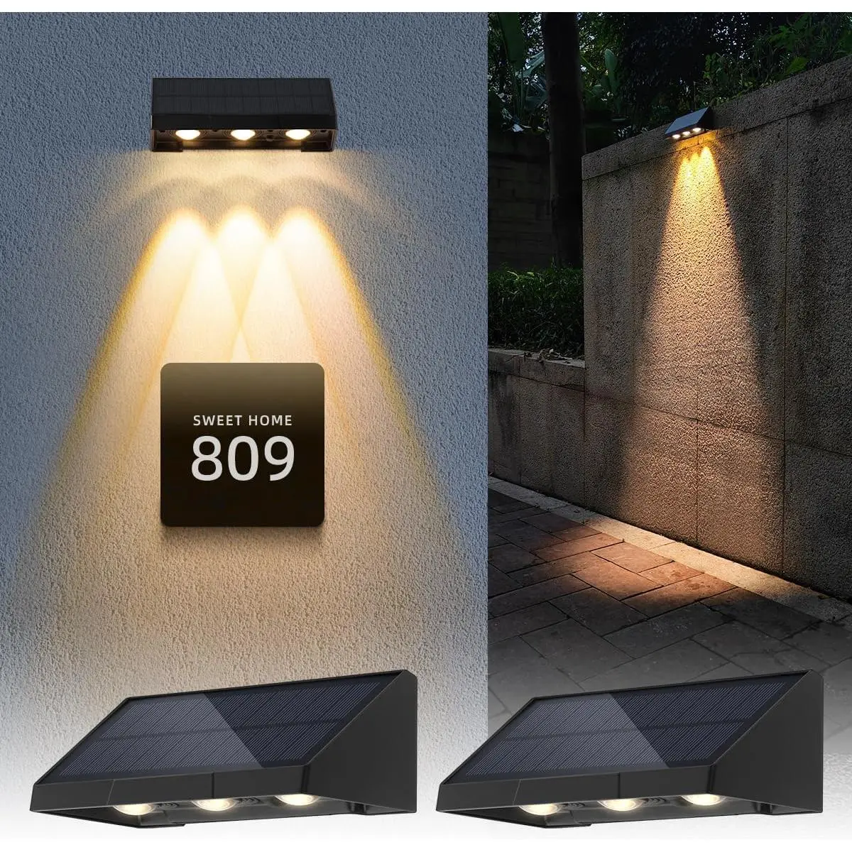Solar Wall Lights Outdoor, 3 LED Lenses Fence Lights Solar  Outdoor  Warm White, Dusk to Dawn Exterior House Number Lighting for Porch, Patio, Balcony, Deck, Address Sign (2 Pack)
