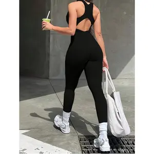 Women's Summer Workout Yoga Solid Color Tight Jumpsuit with O-neck, Zipper, and Sleeveless Design, Suitable for Casual Wear pilates outfits workout sets women exercise Plus Size High Waist Pants Tummy Control Flare Leggings gym