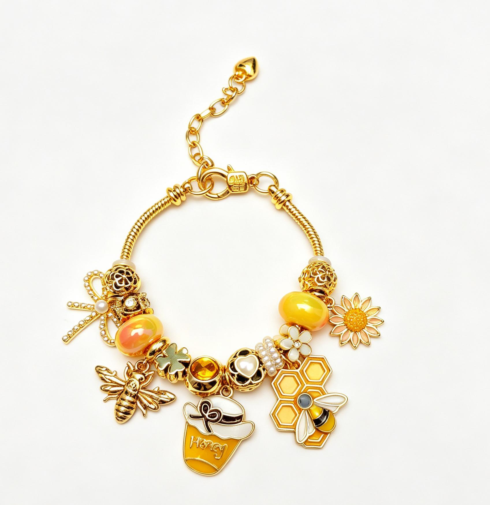 Honey Bee Charm Bracelet, Gold Tone Floral Honeycomb Bangle with Beaded Charms, Nature Inspired Fashion Jewelry Gift for Women