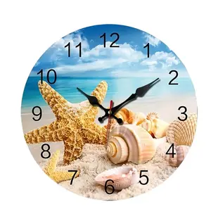 A Round Wall Clock Designed with a Beach And Shell Theme, Featuring Silent Operation Without Ticking, Perfect for Home Decoration During Holidays And As a Gift
