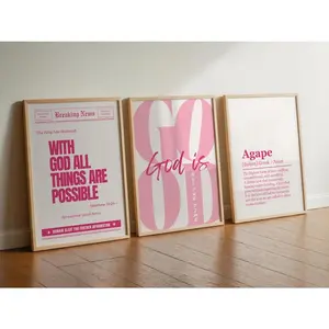 Trendy Pink Girly Christian Wall Art Set of 3 God is Good All The Time Poster Unframed  With God all Things Are Possible Agape Love Word Meaning Poster Unframed