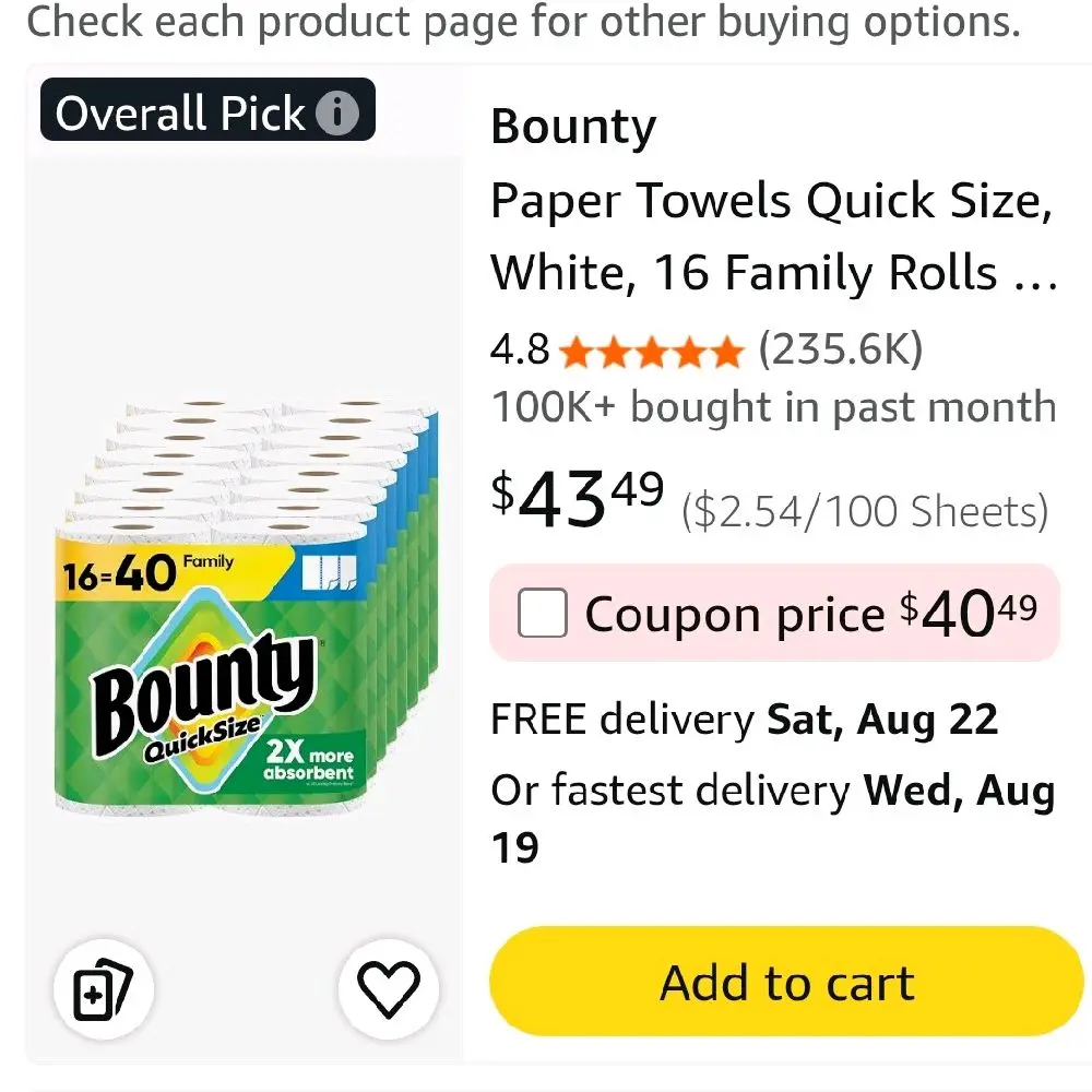 Bounty Paper Towels Quick Size, White, 16 Bounty Family Rolls = 40 Regular Rolls