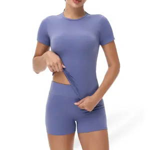 Women's Fitness Outfit Set - 2 Pcs Tight Breathable Quick Drying Yoga Clothes Summer Outdoor Round Neck Running Sportswear Set