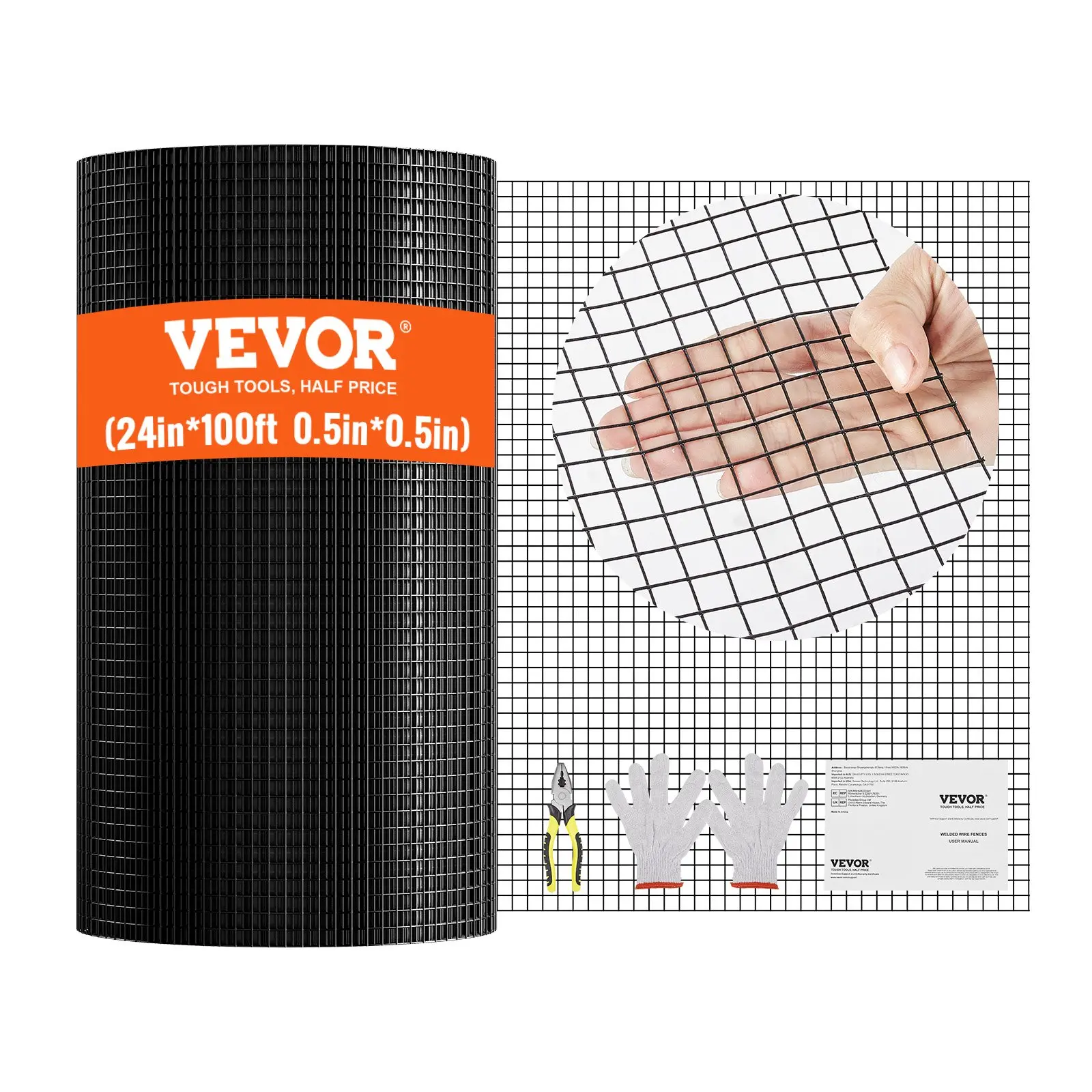 【Summerfinds】VEVOR 19-Gauge Galvanized Steel Hardware Cloth, 24ftx100ft 0.5inx0.5in Vinyl-Coated Welded Wire Square Mesh Roll with Welded Joints, Rust-Water Resistant 11.3Kg±3% Easy-Install Outdoor Fencing for Animal Barrier, Garden Beds, Decoration