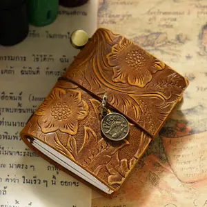 Embossed Floral Pattern Mini Traveler's Journal, 1 Set Hard Cover Leather Pocket Notebook with Stitched Edges, Elegant Antique Coin Charm, with Loose Sheets for Diary, Notebook, and Memo Pad, Vintage Leather Journal