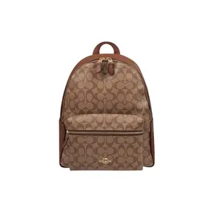 COACH Charlie 30 Backpack with Classic Monogram Print and Zipper Closure in Coated Canvas for Women, Khaki Color
