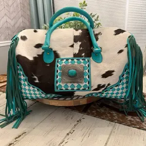 Turquoise Cowhide Duffel Bag with Fringe and Checkerboard Design