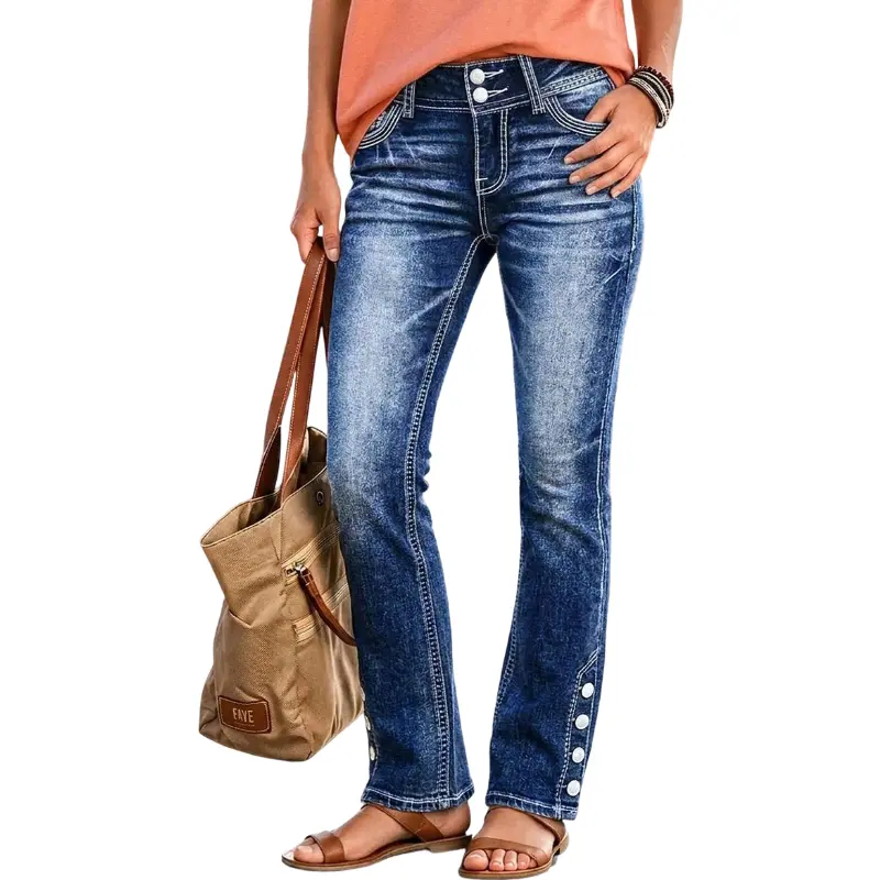 Flamingals Button Detail Stitch Detail Mid Waist Bootcut Jeans Stretchy 28.1'' Inseam