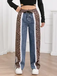 Women's Leopard Print Patchwork Jeans, Featuring A High - Waist Drawstring Design, Elastic Waist, White Stripe Decoration On The Sides, With A Casual And Sporty Style, Suitable For All Four Seasons.