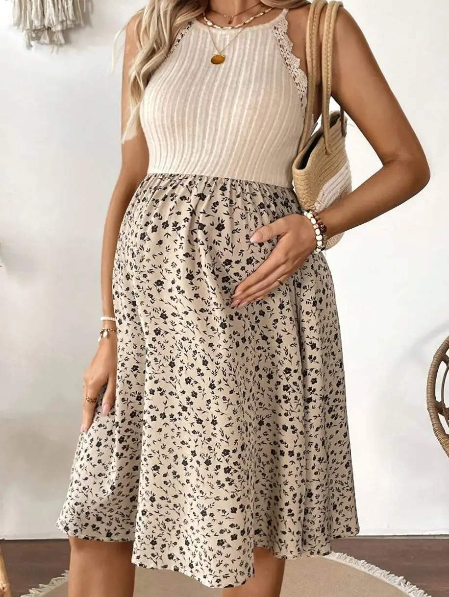 Boho Mama Maternity Halter Dress | Ditsy Floral Patchwork for Vacation & Beach Parties