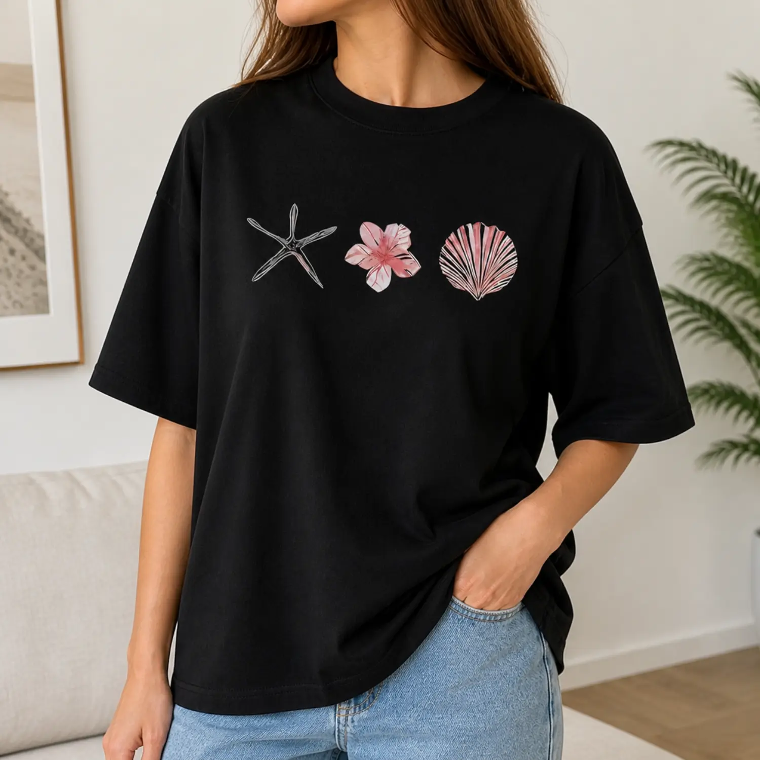 Women's Pure Cotton Oversized Starfish Print T-Shirt, Casual Short Sleeve Round Neck, Loose Fit S-5XL, Soft Fabric, Easy Washing, Summer Beach Fashion Breathable Daily Wear Top