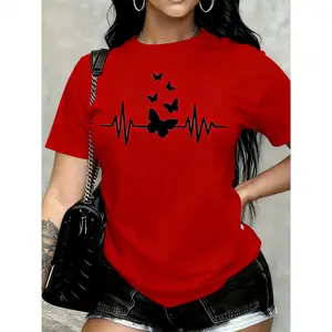 100% cotton women's casual versatile T-shirt, available in various colors, fashionable wear, heart-shaped spring-summer print women's casual round-neck short-sleeve shirt