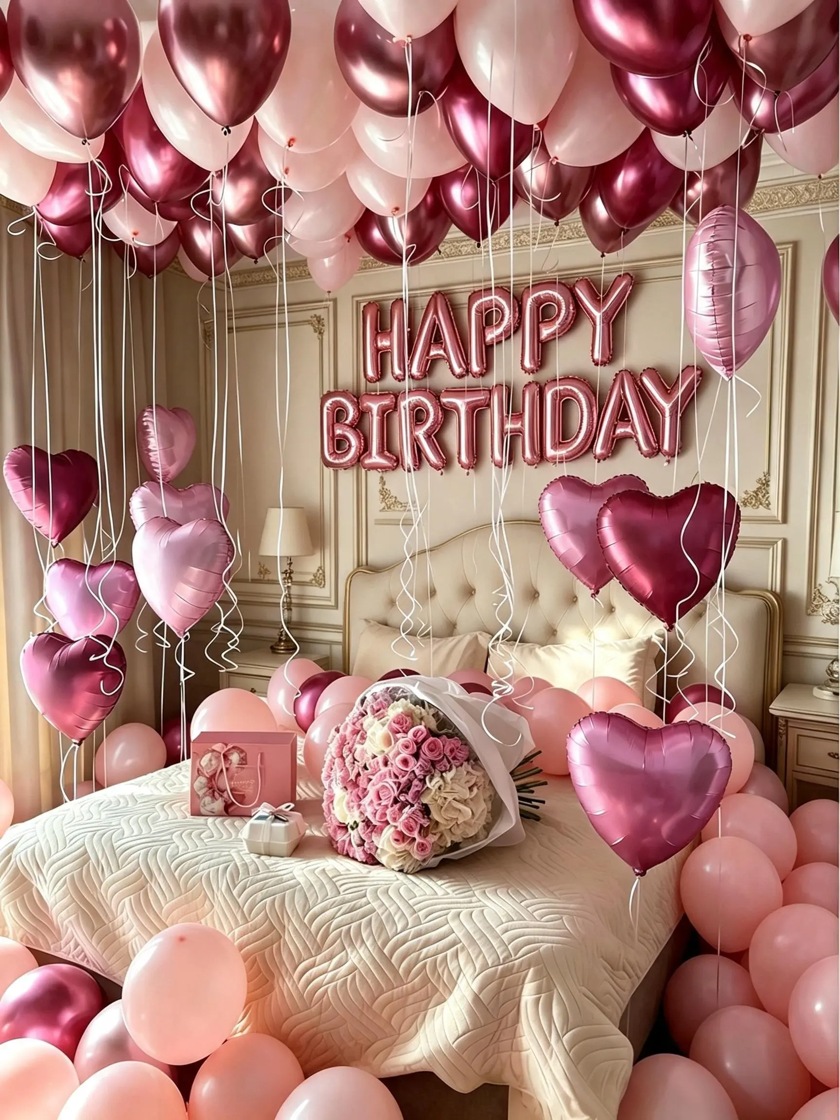 596pcs Birthday Balloon Decoration Set, "Included500 simulated rose petals，16" Pink "HAPPY BIRTHDAY" Letter Balloons, 18" Heart-Shaped Foil Balloons, Pink & Dark Pink Latex Balloons For Birthday Party, Room Decoration.happy birthday balloon set