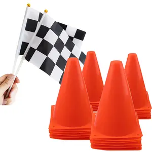 Racing Car Party Decor 7" Mini Traffic Cones and Black and white Checkered Flag Kids Race Car Theme Birthday Party Supplies 5-50