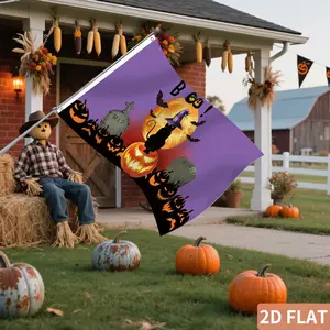 1 Count 2d flat Halloween Moon Night Pumpkin Lantern Boo Flag 3x5 Ft, Halloween Themed Black Cat with Witch Hat Flag, Polyester Fabric Flag